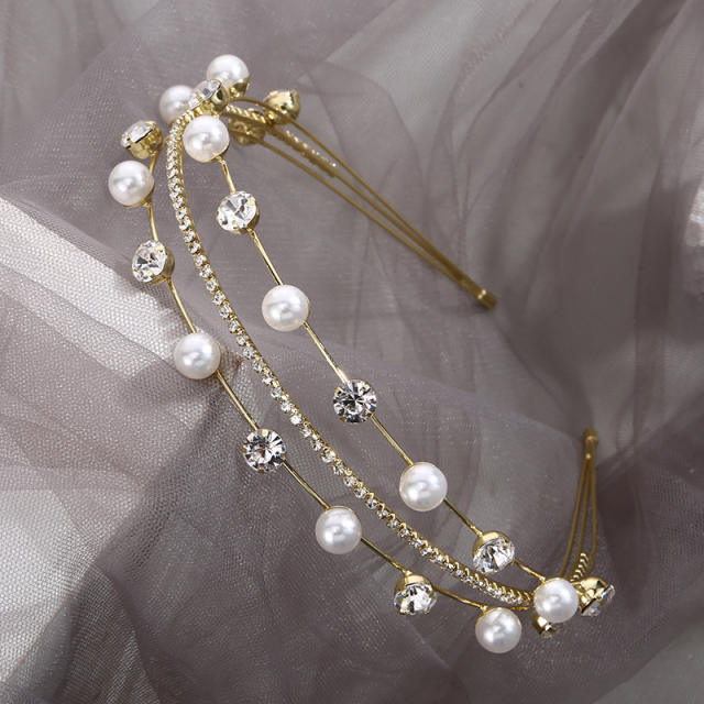 Korean fashion elegant pearl glass crystal three layer headband