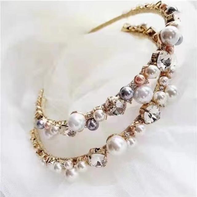 Korean fashion elegant pearl glass crystal statement headband