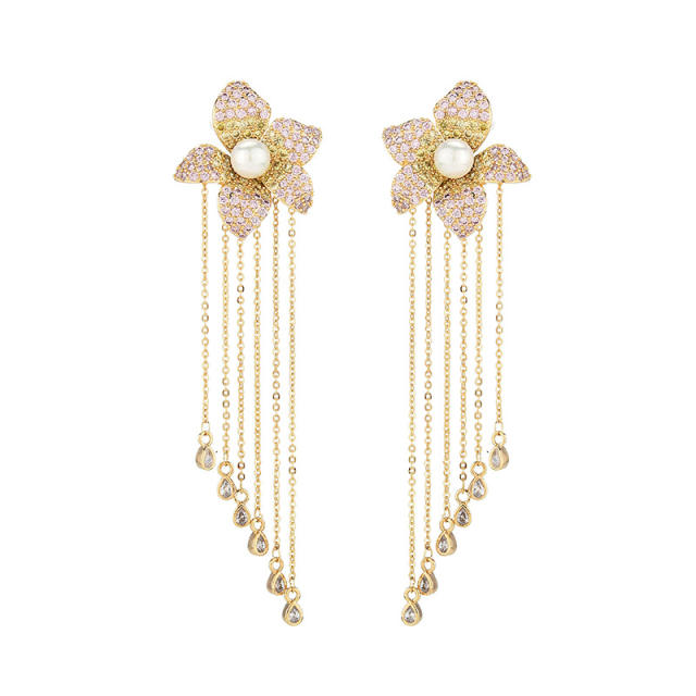 925 needle delicate pave setting cubic zircon flower chain tassel copper earrings