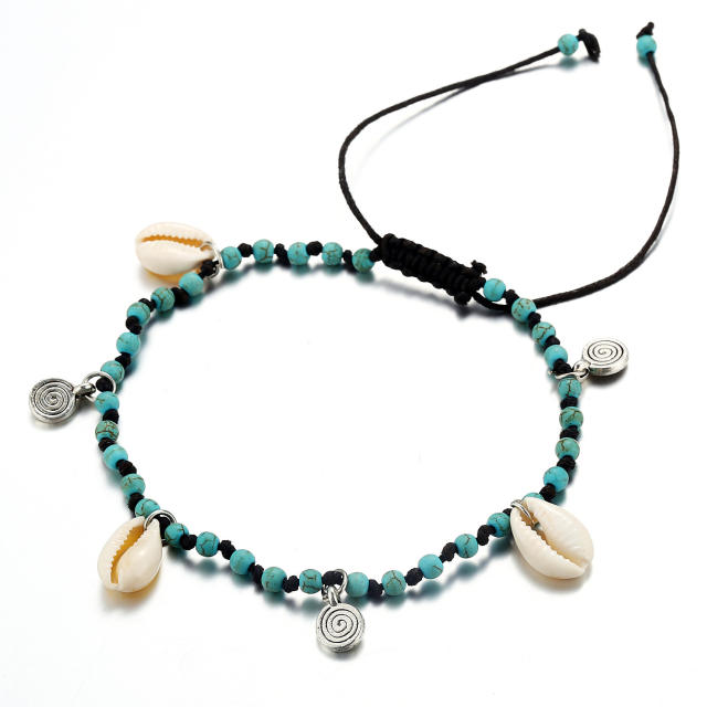 Boho handmade shell blue bead slide anklet