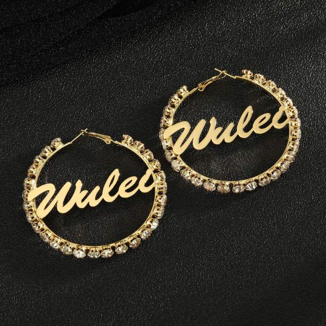 Delicate diamond hoop custom name stainless steel earrings