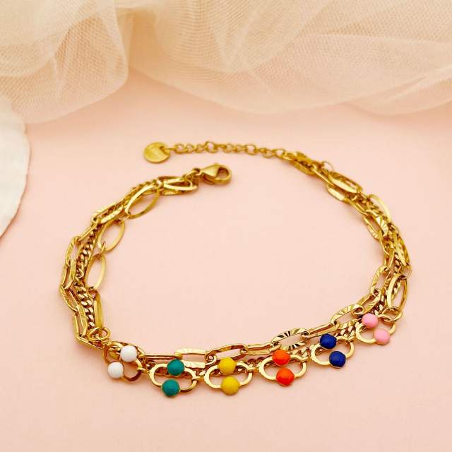 14K colorful bead three layer stainless steel chain bracelet