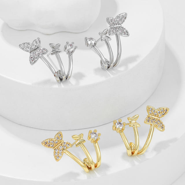 Delicate cubic zircon butterfly gold plated copper ear studs