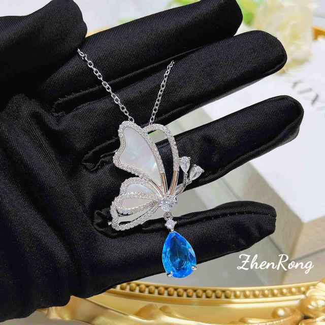 Delicate white mother shell blue drop cubic zircon butterfly necklace set