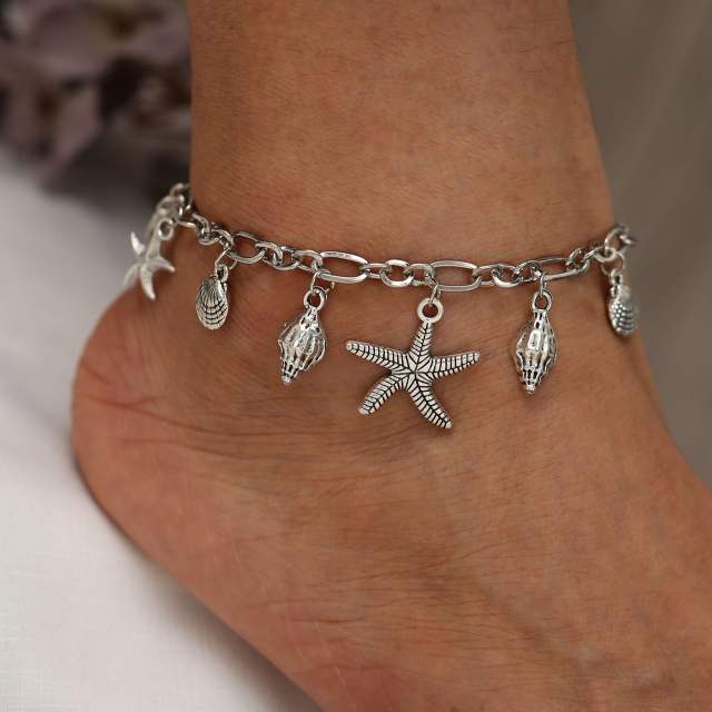 Vintage silver color starfish shell charm chain anklet