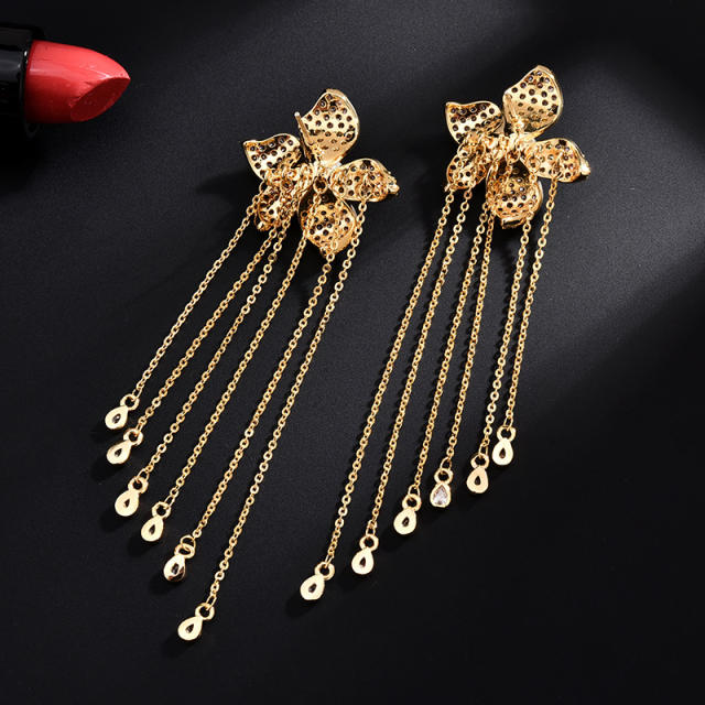 925 needle delicate pave setting cubic zircon flower chain tassel copper earrings