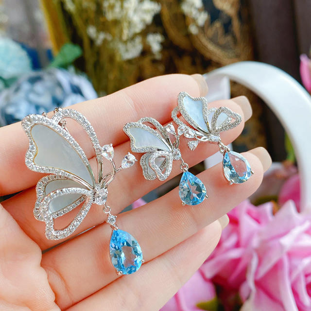 Delicate white mother shell blue drop cubic zircon butterfly necklace set