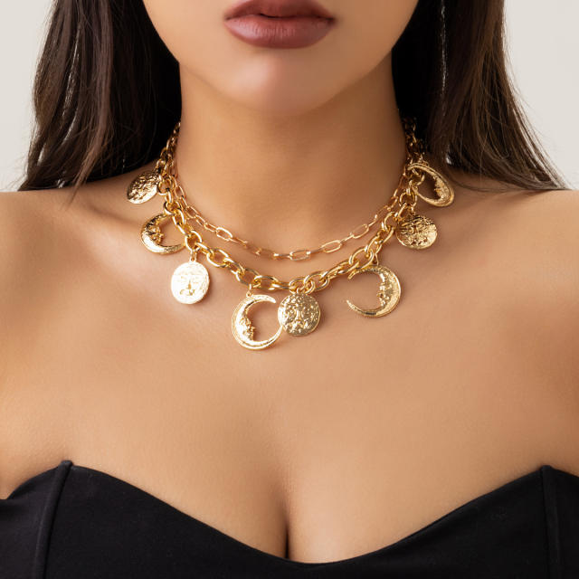 Chunky moon coin charm metal chain necklace choker