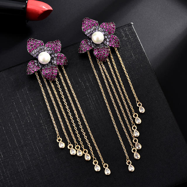 925 needle delicate pave setting cubic zircon flower chain tassel copper earrings