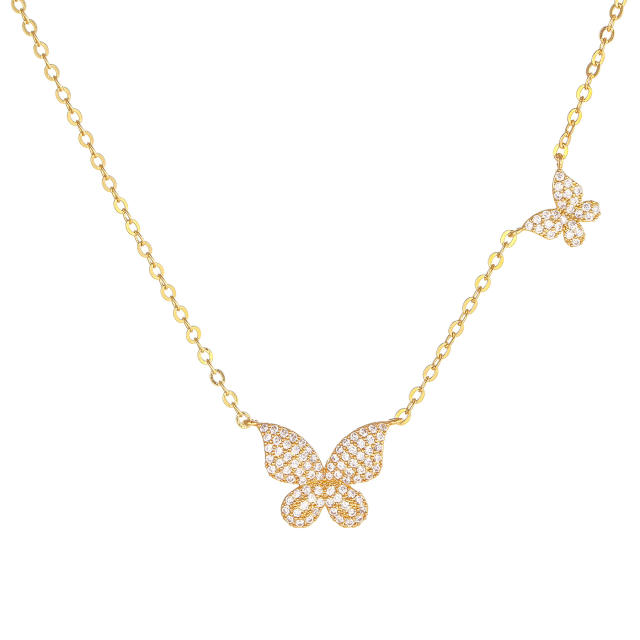 18K gold plated pave setting cubic zircon butterfly copper dainty necklace