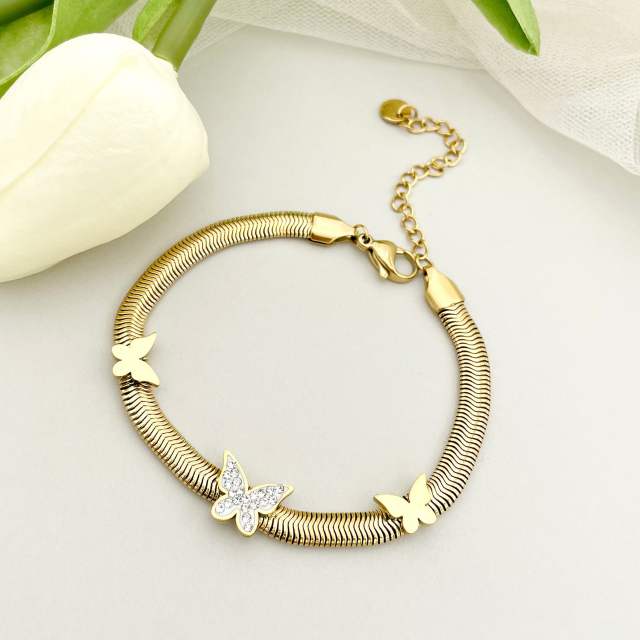 14K diamond butterfly stainless steel bracelet