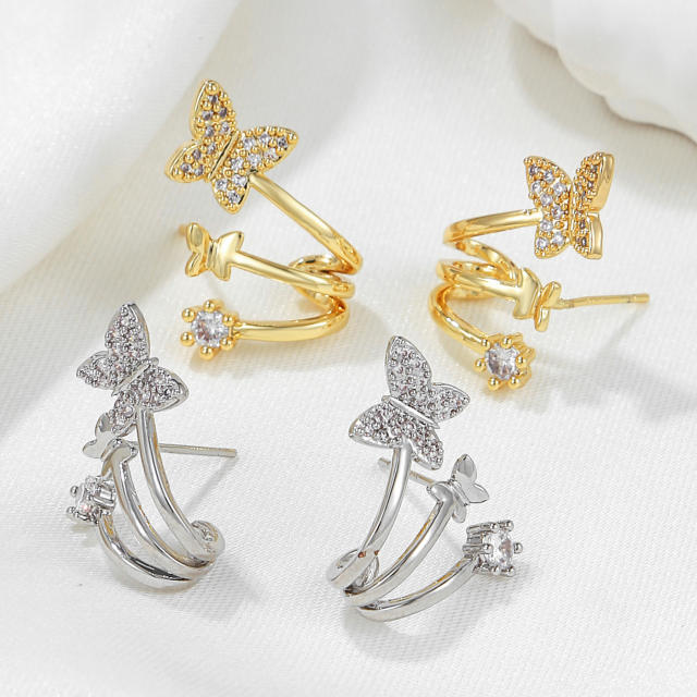 Delicate cubic zircon butterfly gold plated copper ear studs