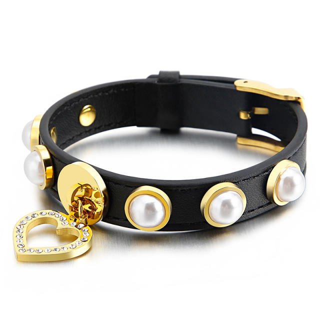 Punk trend black pu leather diamond heart charm pearl bangle