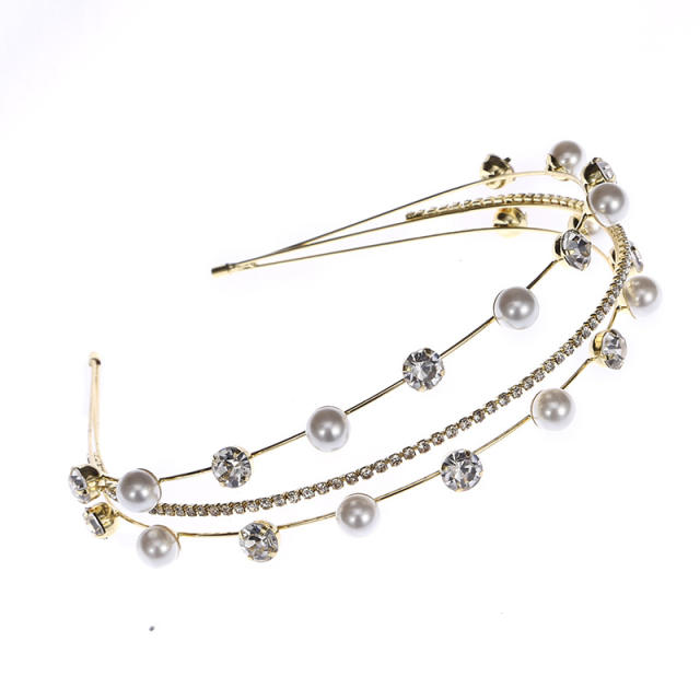Korean fashion elegant pearl glass crystal three layer headband