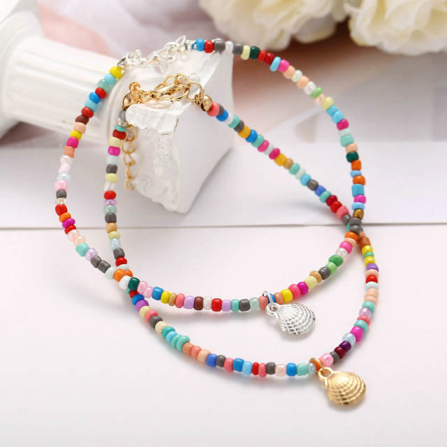 Boho colorful seed bead shell charm anklet