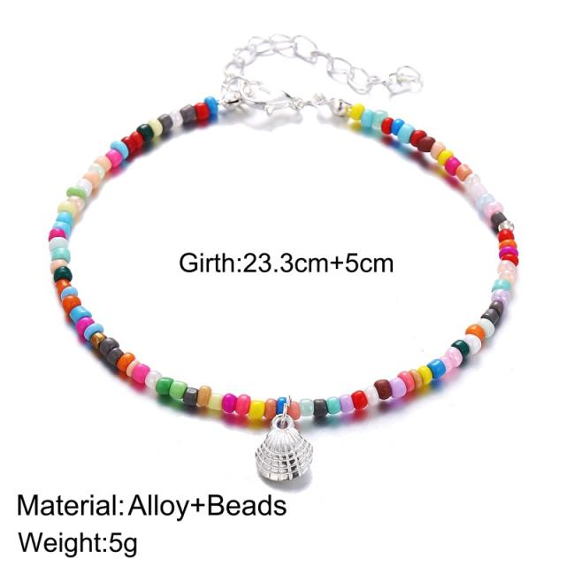 Boho colorful seed bead shell charm anklet