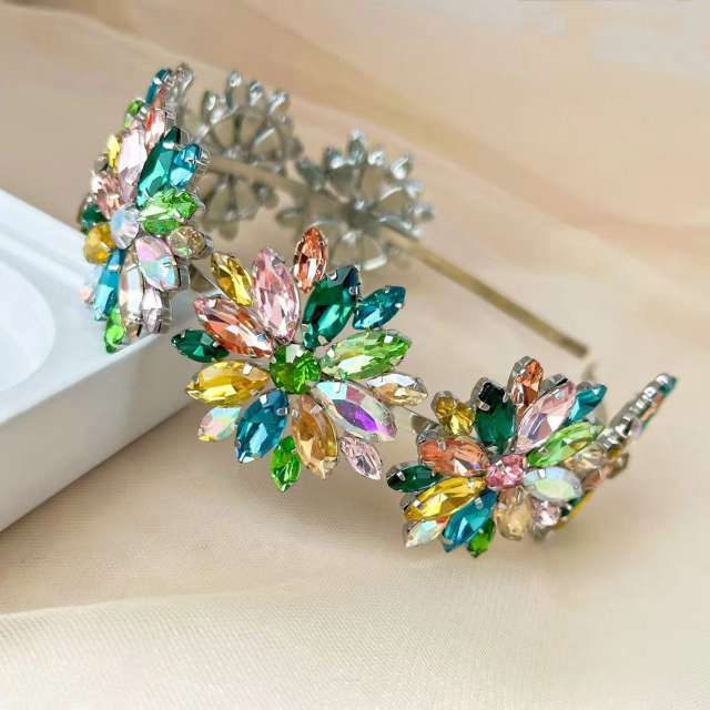 Luxury color glass crystal flower statement headband