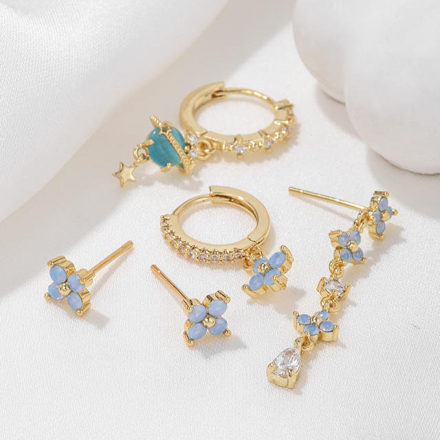 5pcs blue color stone gold plated copper huggie earring set