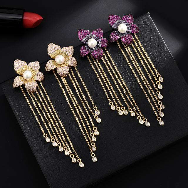 925 needle delicate pave setting cubic zircon flower chain tassel copper earrings