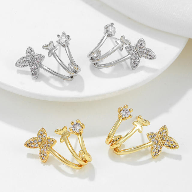 Delicate cubic zircon butterfly gold plated copper ear studs