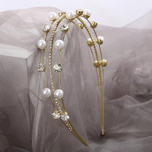 Korean fashion elegant pearl glass crystal three layer headband