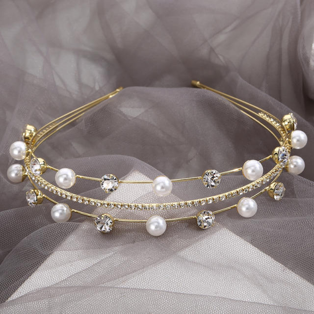 Korean fashion elegant pearl glass crystal three layer headband