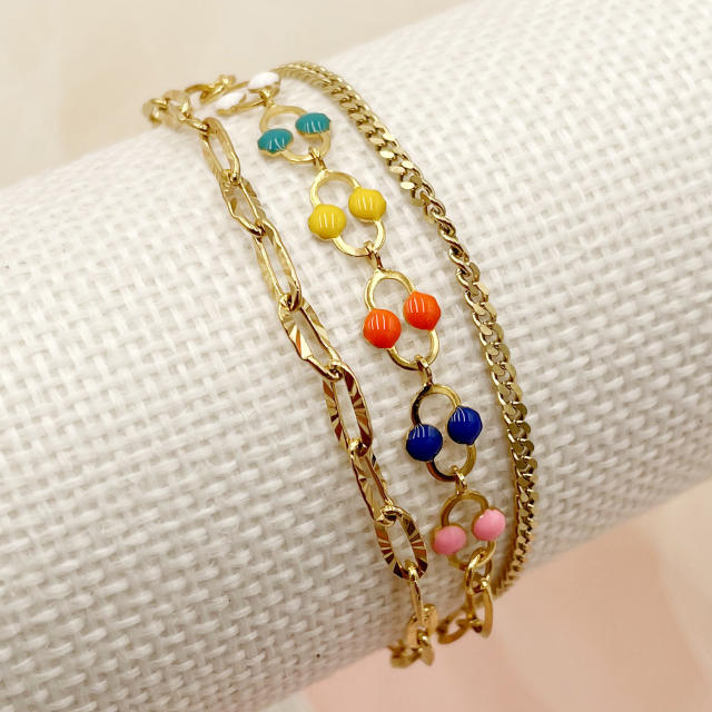 14K colorful bead three layer stainless steel chain bracelet