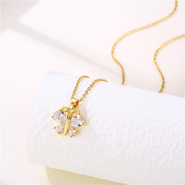 Dainty diamond butterfly pendant stainless steel chain necklace