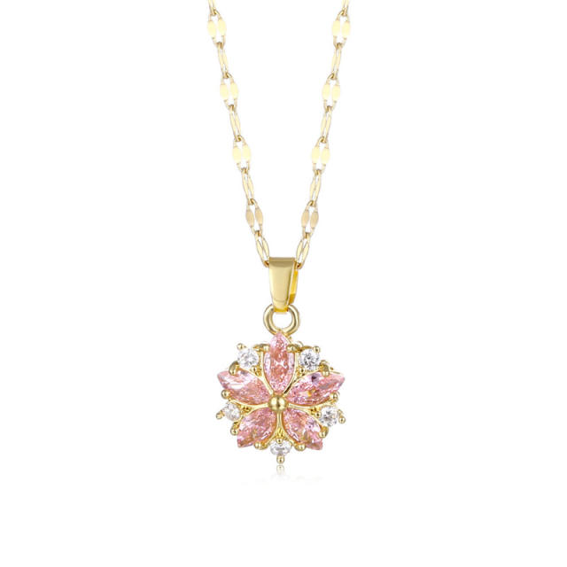 Korean fashion dainty pink CZ flower stainless steel chain necklace