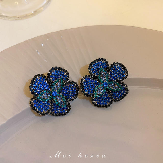 925 needle elegant blue rhinestone pave setting flower studs earrings