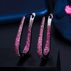 Luxury rose red cubic zircon pave setting U shape copper huggie earrings