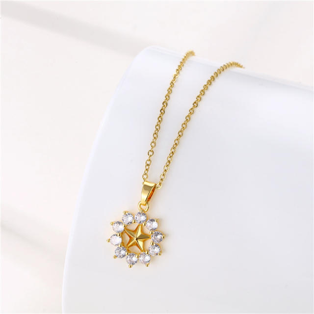 Delicate diamond round hollow star stainless steel chain necklace