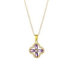 Amethyst clover pendant stainless steel chain necklace