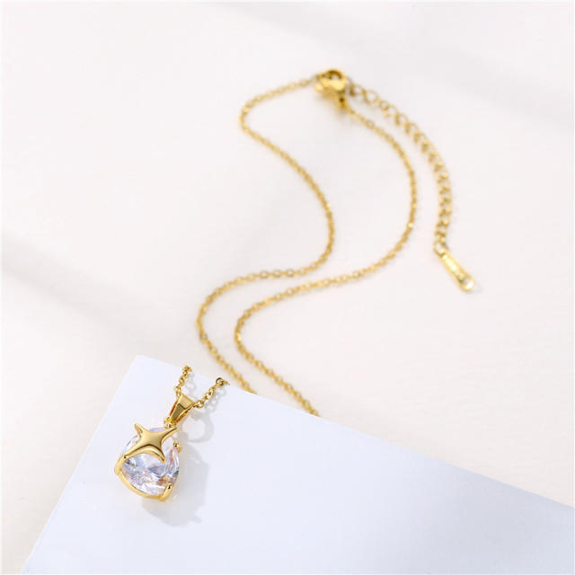 18K Delicate drop cz star stainless steel chain necklace