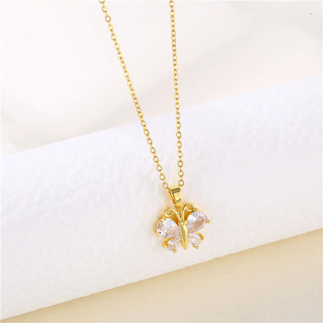 Dainty diamond butterfly pendant stainless steel chain necklace