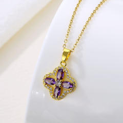 Amethyst clover pendant stainless steel chain necklace
