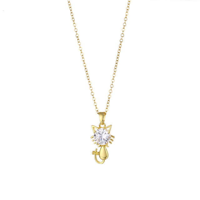 Cute diamond kitty pendant stainless steel chain necklace