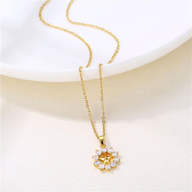 Delicate diamond round hollow star stainless steel chain necklace
