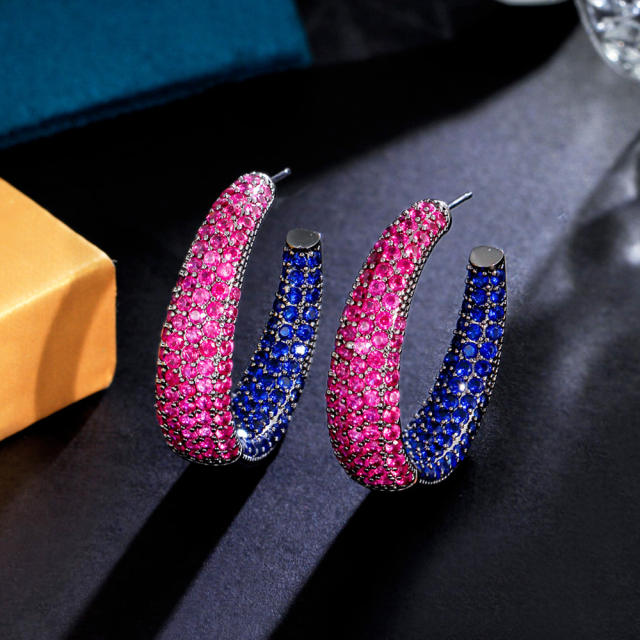 Handmade luxury rose red cubic zircon pave setting copper hoop earrings