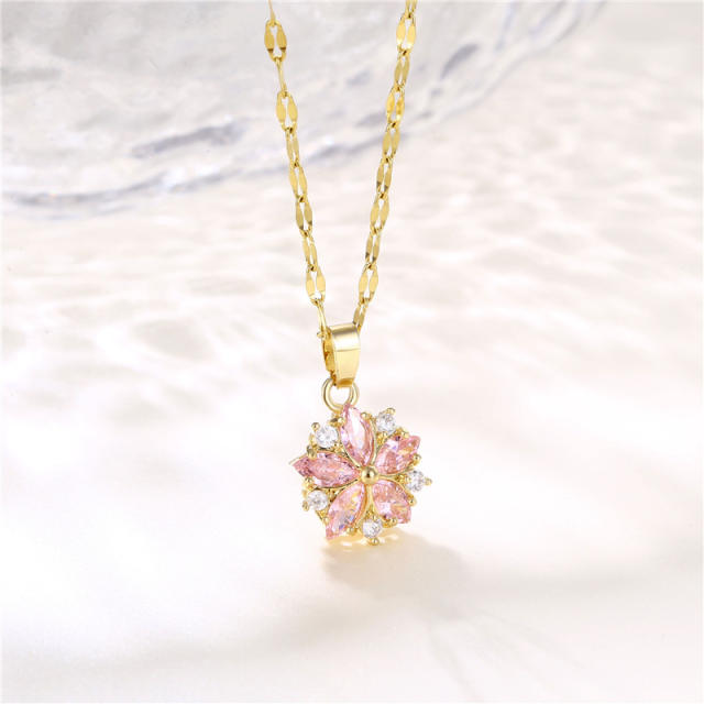 Korean fashion dainty pink CZ flower stainless steel chain necklace