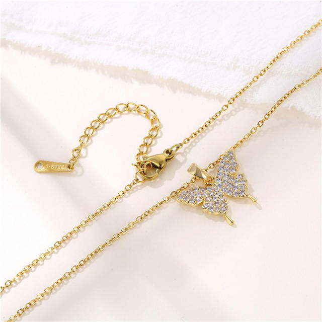 Dainty diamond butterfly pendant stainless steel chain necklace