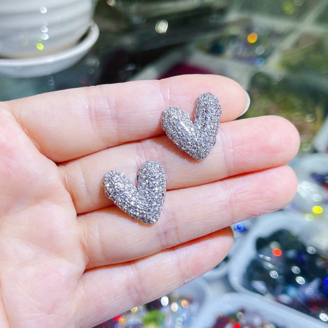 Delicate color diamond heart copper studs earrings