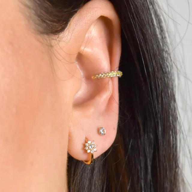 925 needle color cubic zircon flower copper huggie earrings