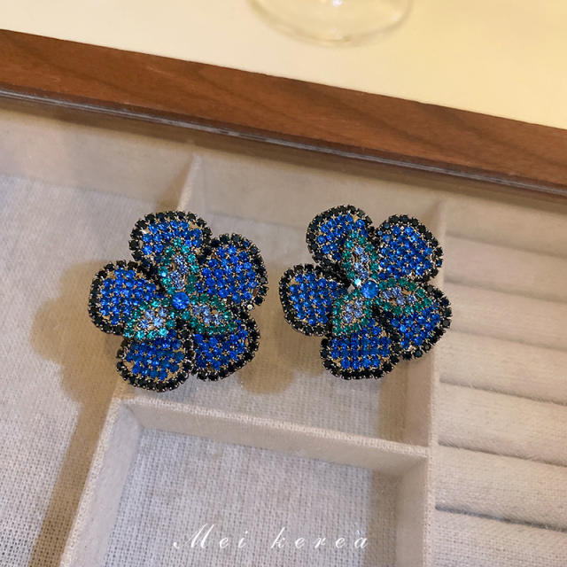 925 needle elegant blue rhinestone pave setting flower studs earrings