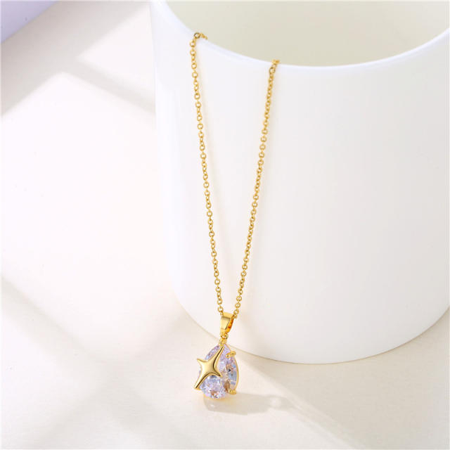 18K Delicate drop cz star stainless steel chain necklace