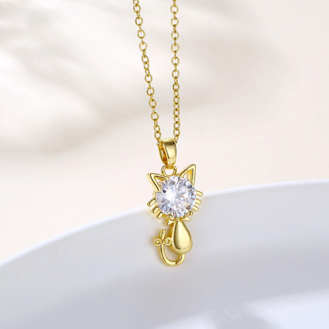 Cute diamond kitty pendant stainless steel chain necklace