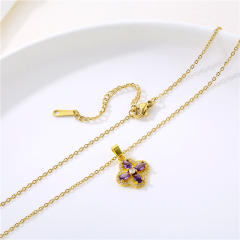 Amethyst clover pendant stainless steel chain necklace
