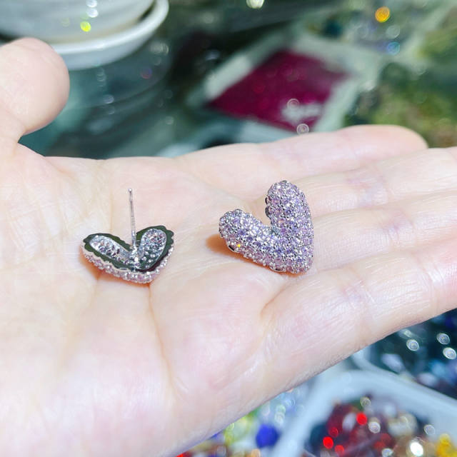 Delicate color diamond heart copper studs earrings
