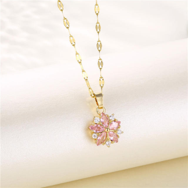 Korean fashion dainty pink CZ flower stainless steel chain necklace