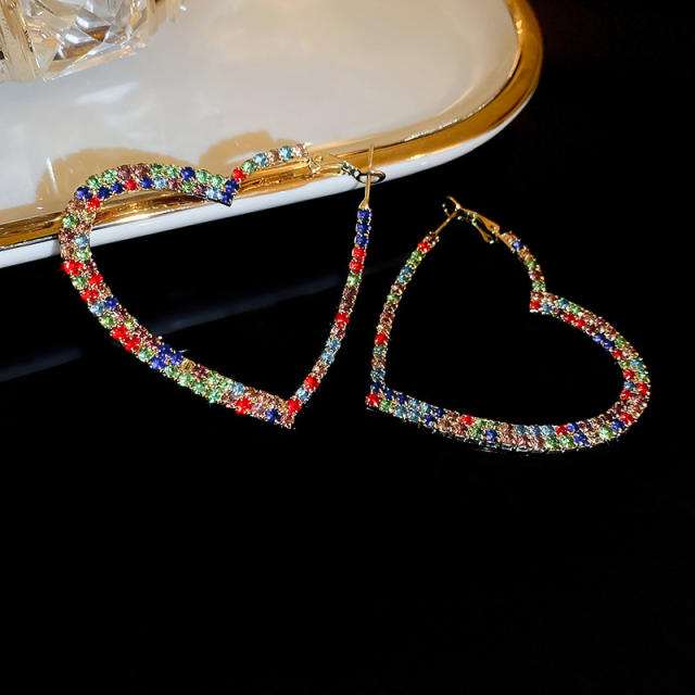 Luxury colorful rhinestone diamond heart hoop earrings